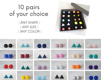 Set of 10 pairs of earrings, Stud earings set large, Minimalist earring set of earring studs, Earrings lot, Simple earrings set unisex