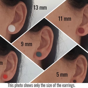 May include: A close-up of a person's ear with different sized round earrings in various colors. The earrings are 5 mm, 7 mm, 9 mm, 11 mm, and 13 mm in diameter. The text "This photo shows only the size of the earrings." is at the bottom of the image.