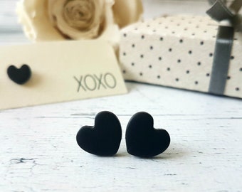 Black heart earrings, Heart stud earrings, Girlfriend gift,  Dainty studs, Simple earrings black, Heart shaped earrings, Cute earrings