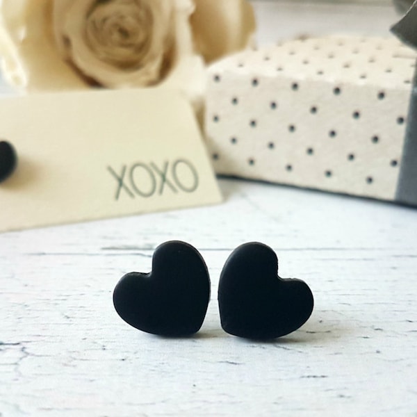 Pendientes de corazón negro, Pendientes de corazón, Regalo de novia, Sementales delicados, Pendientes simples negros, Pendientes en forma de corazón, Pendientes lindos