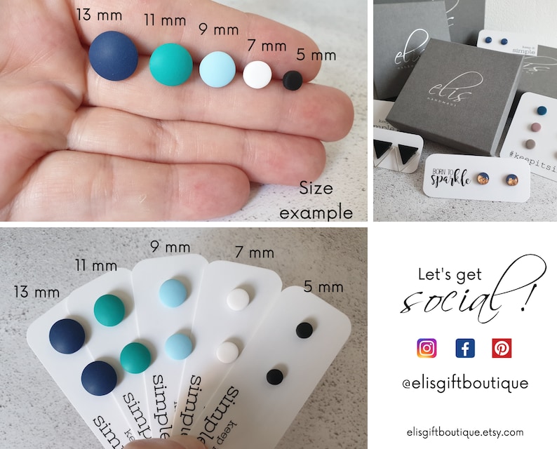May include: A set of six pairs of round, polymer clay earrings in various colors and sizes, including navy blue, teal, light blue, white, and black. The earrings are displayed on a white card with the size of each pair listed in millimeters. The card also includes the text "Keep it simple".