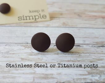 Brown earrings, Mens earrings brown, Brown stud earrings, Matte brown earrings, Brown jewelry, Earrings for him, Brown post earrings, Boho