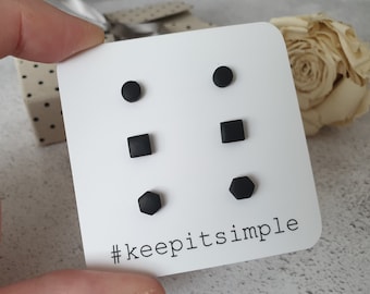 Set di orecchini a perno minuscoli, Set di 3 paia di orecchini, Orecchini a perno piccoli, Orecchini a perno geometrici neri, Orecchini in titanio da uomo, Orecchini da uomo