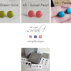 May include: Three pairs of small, round earrings in different colors. The first pair is green gold, the second pair is sunset pearl, and the third pair is peacock pearl. The earrings are displayed on a white surface. The text "Let's get social!" is written in cursive script with social media icons below. The text "@elisgiftboutique" is written below the social media icons.