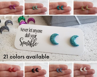 Crescent moon earrings sparkly, Glitter moon studs, Best friend gift for her, Moon studs, Dainty moon stud earrings, Hypoallergenic earrings