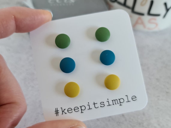 Round stud earring set, Mustard color earrings minimal, Fall earrings simple, Minimalist jewelry set of 3 earrings, Green earrings stud