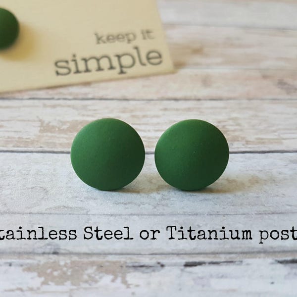 Green stud earrings hypoallergenic, Green post earrings minimalist studs, Green earrings stud, Simple green post earrings titanium studs