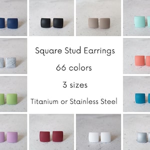 May include: Square stud earrings in a variety of colours, including blue, black, beige, light blue, grey, coral, green, teal, pink, red, white, and silver. The earrings are available in 66 colours and 3 sizes. The earrings are made with titanium or stainless steel.