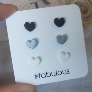 Heart stud earring set, Heart earrings, Set of 3 earrings, Gift for girlfriend, Black white silver earrings, Anniversary gifts, Heart studs