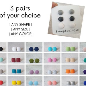 May include: A selection of 18 different colours and shapes of polymer clay earrings. Choose 3 pairs of your choice. #keepitsimple