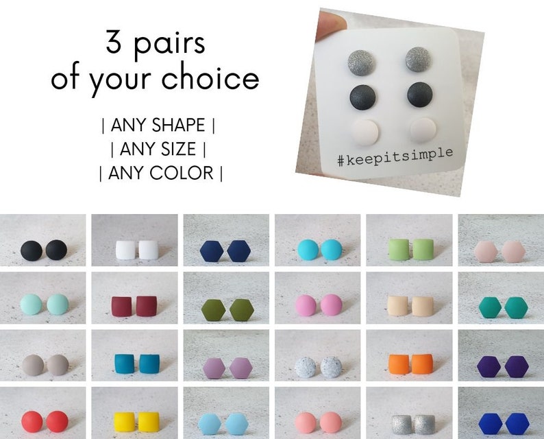 Pu&ograve; includere: Una selezione di 18 paia di orecchini in argilla polimerica di diversi colori e forme. Scegli 3 paia a tua scelta. #keepitsimple
