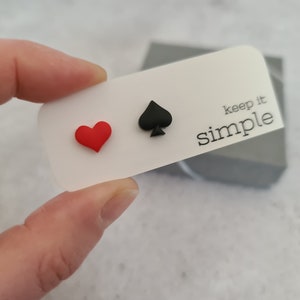 Spade earrings heart stud, Playing card earrings, Poker jewelry gift, Mismatched earrings, Gag gifts for card players, Poker earrings image 2