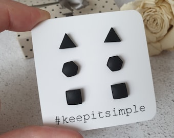 Orecchini minimalisti in titanio, set di orecchini a perno geometrici, orecchini a perno neri, orecchini triangolari neri, orecchini esagonali, orecchini quadrati neri