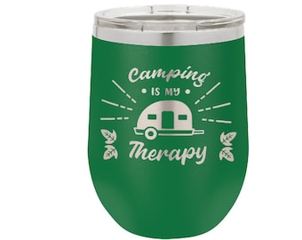 Custom Insulated Stemless Wine Tumbler ~ Engraved Camping Gift ~ Glamping ~ Outdoor Gift ~ Retro Teardrop Trailer Gift ~ Laser Engraved Cup