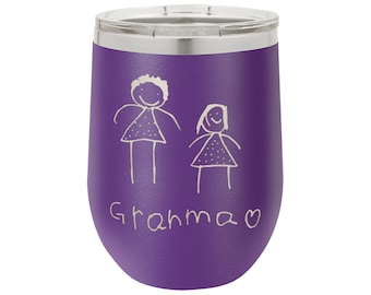 ILUSTRACIÓN INFANTIL Vaso de vino sin tallo aislado ~ Grabado con láser personalizado ~ Regalo para abuelos, padres, tías, tíos maestros y más