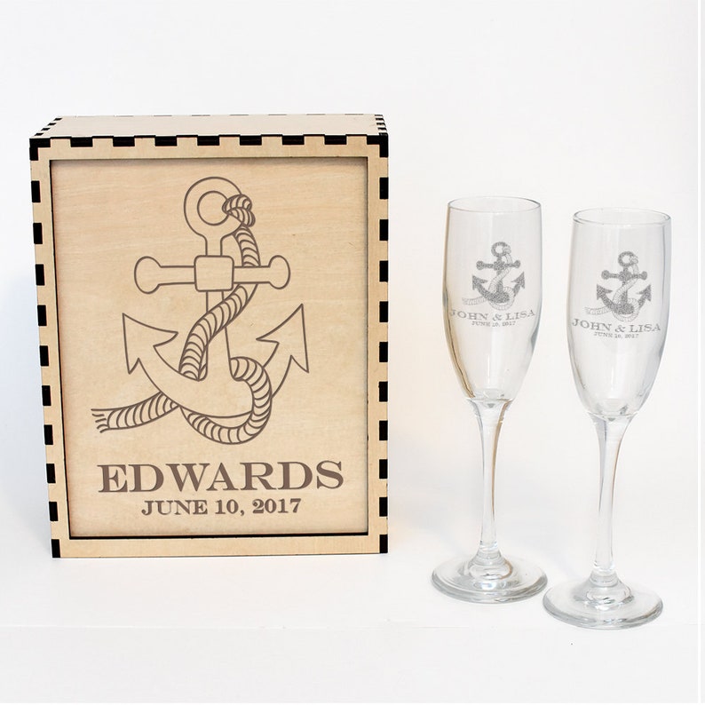Nautical Wedding Champagne Flute Gift Box Set Bride And Image 0