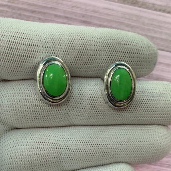 MEXICO JLU Sterling Silver Flourescent Lime Green Enamel Post Stud 925 Southwestern Tribal Earrings