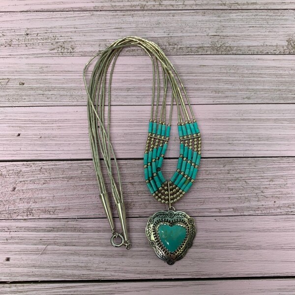 18" Zuni Turquoise Sterling Silver Heart Liquid Silver Native American Indian Tribal Southwestern Boho Chic Necklace 17g