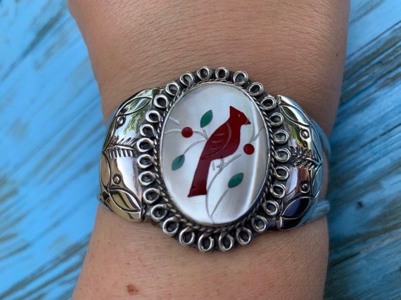 Zuni Coral Mother of Pearl Sterling Silver Cardin… - image 1