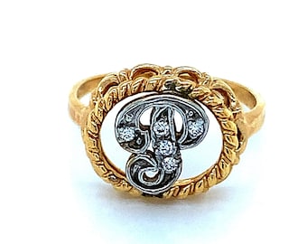 Vintage Yellow Gold Diamond Initial P Signet Ring