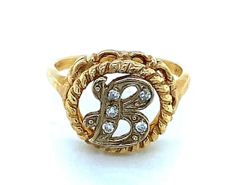 Vintage Yellow Gold Diamond Initial B Signet Ring