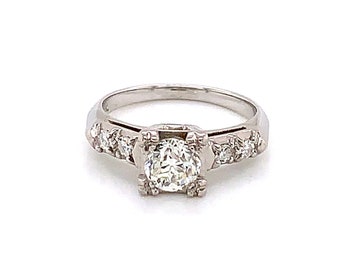 Anillo de compromiso de diamantes en oro blanco de 18k vintage de los años 1940, .70ct