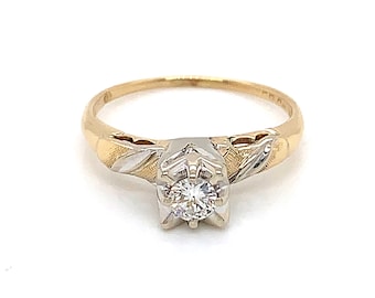 Vintage 1950's 14k 2 tone ribbon design diamond solitaire engagement ring .17ct