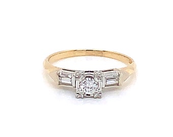 Vintage 1940s 14k Yellow 18k white Gold Diamond Engagement Ring with Baguettes .14ct