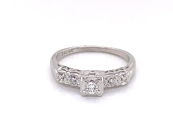 Vintage 1950's 14k White Gold 5 Diamond Engagement Ring .09ct