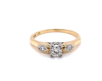 Anillo de compromiso de diamantes Art Déco de oro blanco de 18k amarillo de 14k de la década de 1940 .25ct