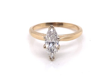 Vintage 1990’s 14k yellow gold marquise diamond solitaire engagement ring 1.04ct