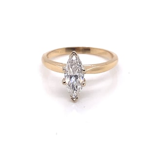 Anillo de compromiso vintage de oro amarillo de 14 quilates con solitario de diamantes marquesa de 1,04 ct, años 90