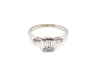 Vintage 1950's 14k white gold emerald cut diamond and baguette engagement ring .30ct