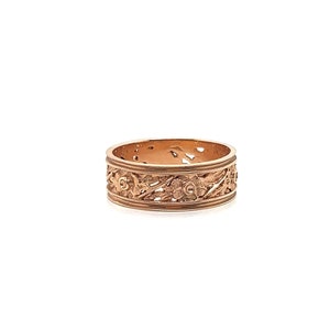 Vintage 1950&#39;s 14K Rose Gold Engraved Floral Pierced Wide Wedding Band with Milgrain Borders