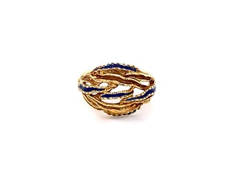 Vintage 1980's 18k yellow gold ocean wave style with blue enamel ring