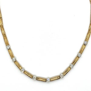 Vintage 14k Yellow Gold Diamond Bezel Station Choker Necklace