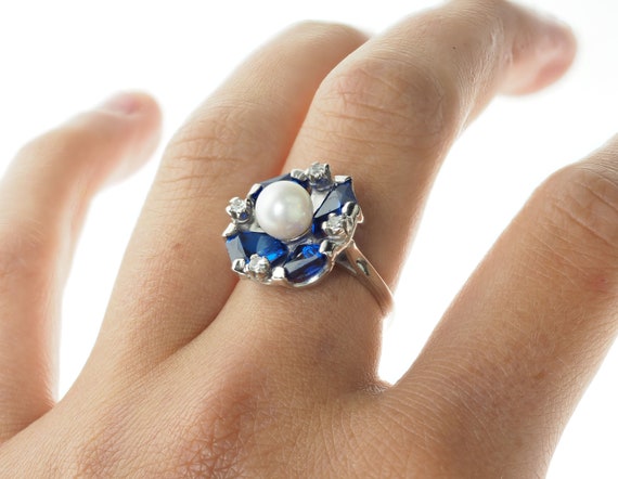 Vintage 1950's 10k White Gold Blue Flower Stone R… - image 3