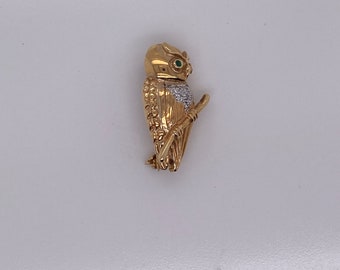 Vintage 14k yellow gold owl pin with emerald eyes and diamonds