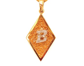 Vintage 14K Yellow Gold Diamond Charm Necklace: Initial B Diamond Accent