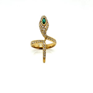 Vintage 18k yellow gold Diamond Snake Ring with Emerald and Rubies