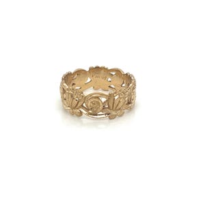 Vintage 1940&#39;s 14k Yellow Gold Wide Engraved Pierced Wedding Band