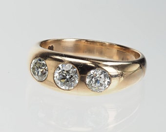 Antique 1900s 14k rose gold 3 stone diamond signet ring 1.25ct