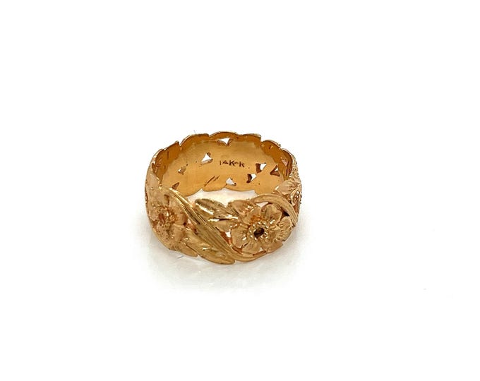 Vintage 14k Yellow Gold Wide Engraved Floral Wedding Band - Etsy