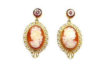 Vintage 14k Yellow Gold Cameo Dangle Earrings