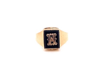 Vintage 10k yellow gold initial H onyx ring