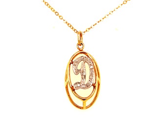Vintage 14 kt geelgouden ovale bedelketting met initiële D diamant