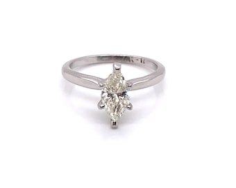 Anillo de compromiso con solitario de diamantes marquesa de oro blanco de 14k de la década de 1980 .74ct