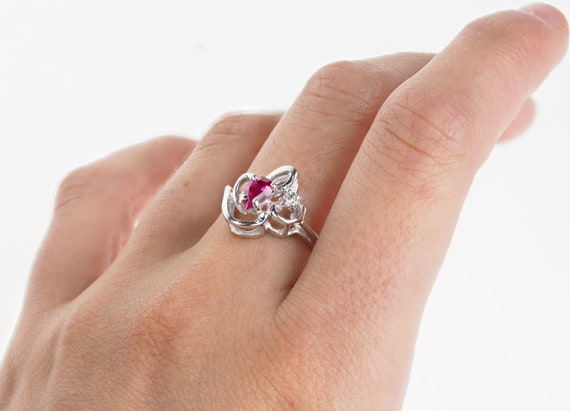 Vintage 1950's 10k White Gold Teardrop Pink Stone… - image 3