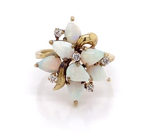 Vintage 1980's 14k yellow gold opal with diamonds statement ring