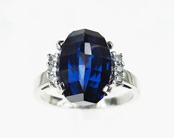 Vintage 1950’s Pineapple Cut 10k White Gold Deep Blue Stone Ring